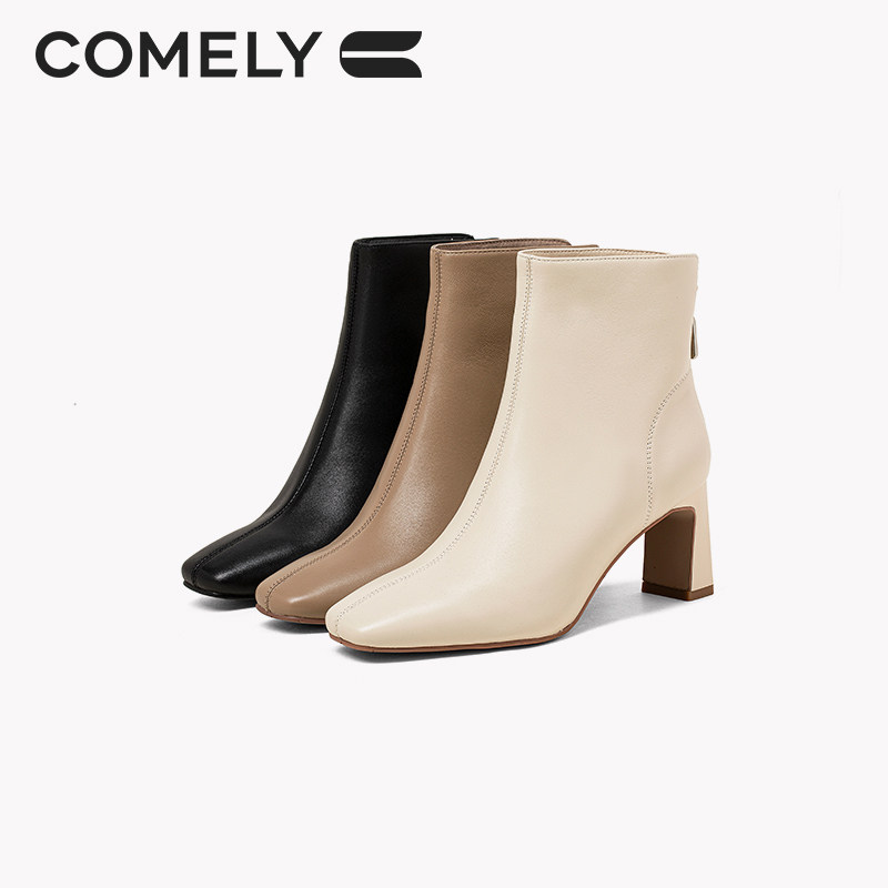 【时装周同款】康莉粗高跟时装靴冬季新款羊皮方头加绒黑色短靴女,淘宝优惠券,粉丝福利购,淘宝优惠卷