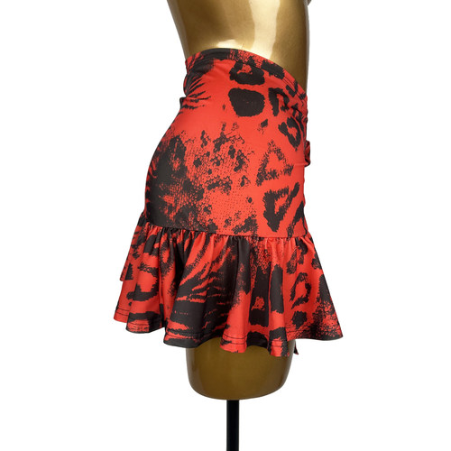 拉丁舞蹈红色豹纹臀巾女成人一片式系带半身裙荷叶摆练功跳舞围裙 - 图0