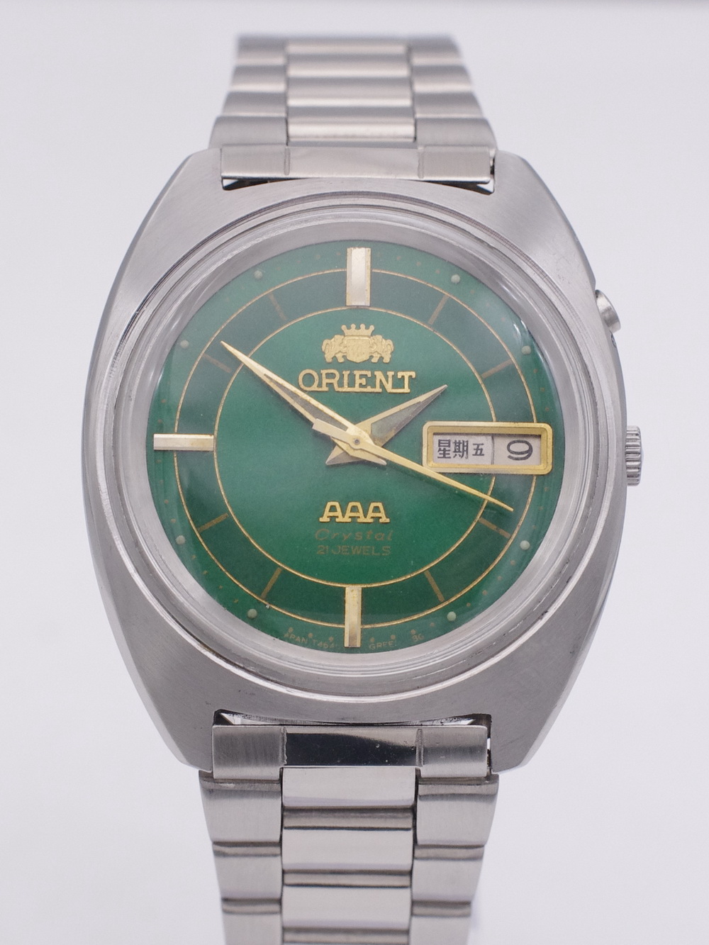 二手稀少日本原装正品东方双狮ORIENT绿盘全自动机械男古董老手表