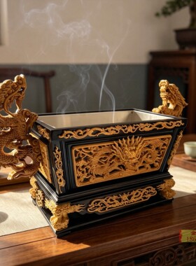 马槽炉双龙中式古典线香炉龙纹方形居家供奉木雕工艺玄关神明用品