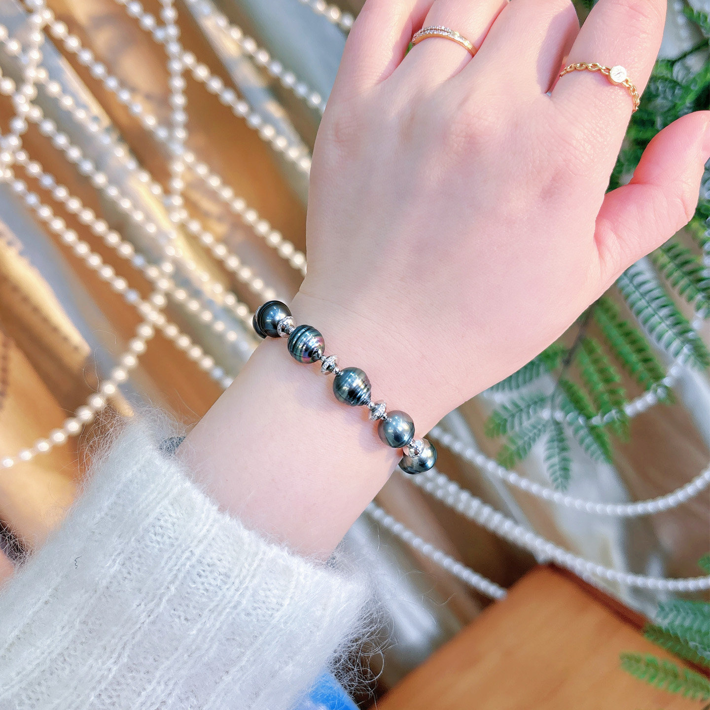 【浅小屋】涟漪。9~10mm大溪地海水螺纹巴洛克黑珍珠纯银夹珠手链,淘宝优惠券,粉丝福利购,淘宝优惠卷