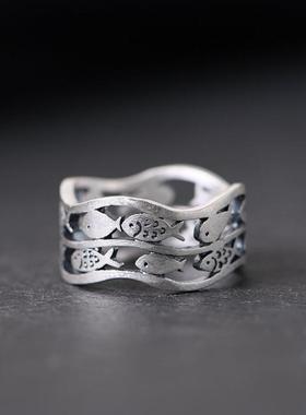 足银镂空冷淡风卡通波浪形戒指
