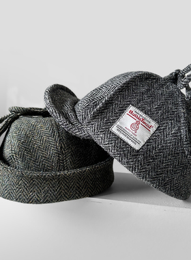 HarrisTweed雷锋帽复古格子百搭保暖粗花呢羊毛帽护耳户外飞行帽