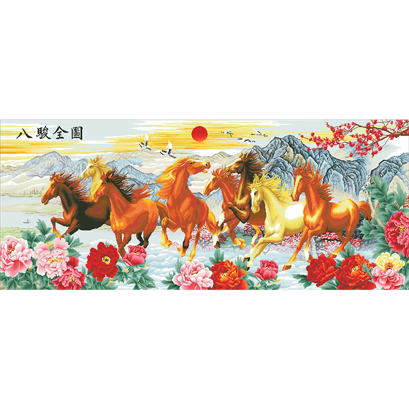 马到成功十字绣2025新款客厅手工自绣简单八骏全图花卉风景画大幅