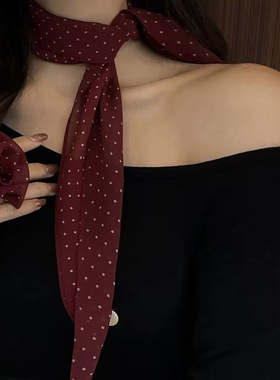 网纱高级感波点纽扣丝巾女复古洋气系脖护颈百搭小丝巾网红发带