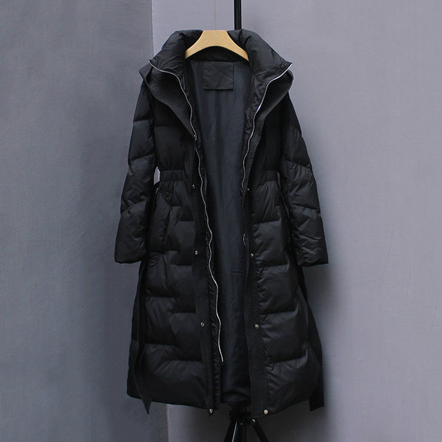 Reverse season long down jacket female over -knee thickened waist 2023 Winter slim -fitting thin white duck down jacket