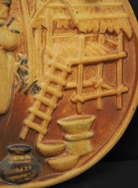 双子商店 孤品中古手作陶板雕刻手绘东南亚风土民情装饰挂盘