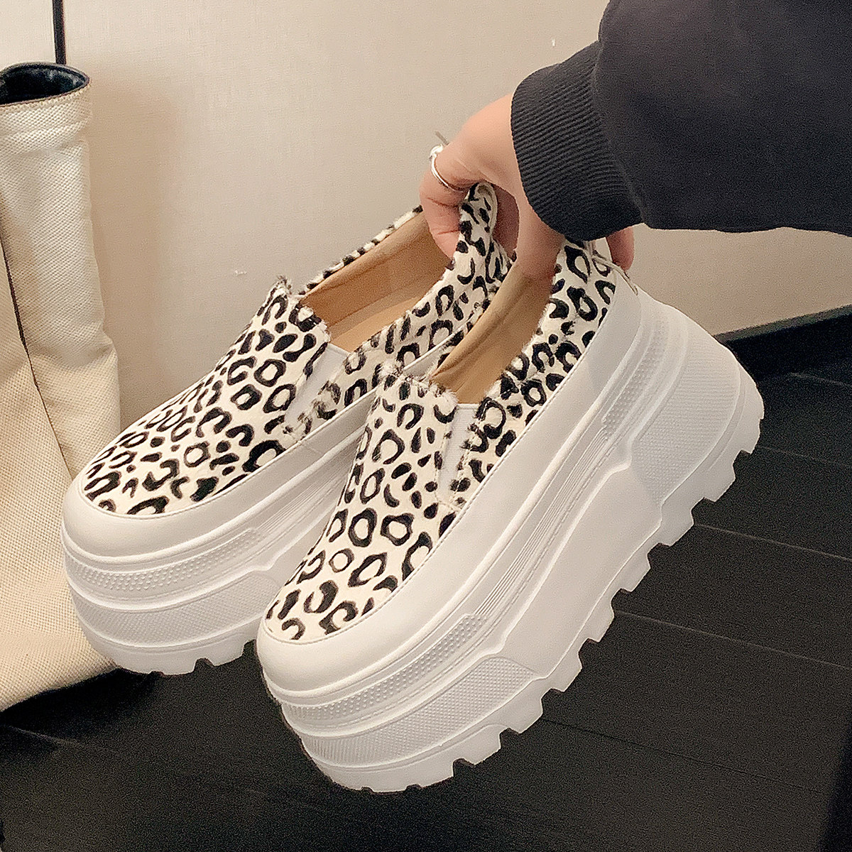 增高鞋豹纹女鞋松糕跟休闲鞋全真皮单鞋厚底四季鞋马毛乐福鞋坡跟,淘宝优惠券,粉丝福利购,淘宝优惠卷