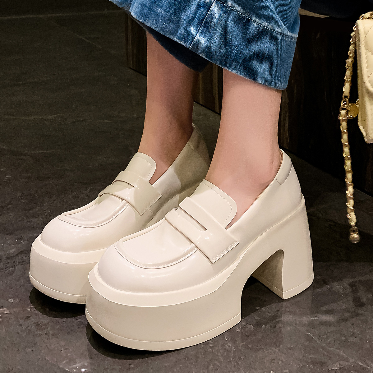 增高女鞋粗高跟休闲鞋真皮低帮单鞋松糕跟乐福鞋学院风四季鞋厚底 - 图0