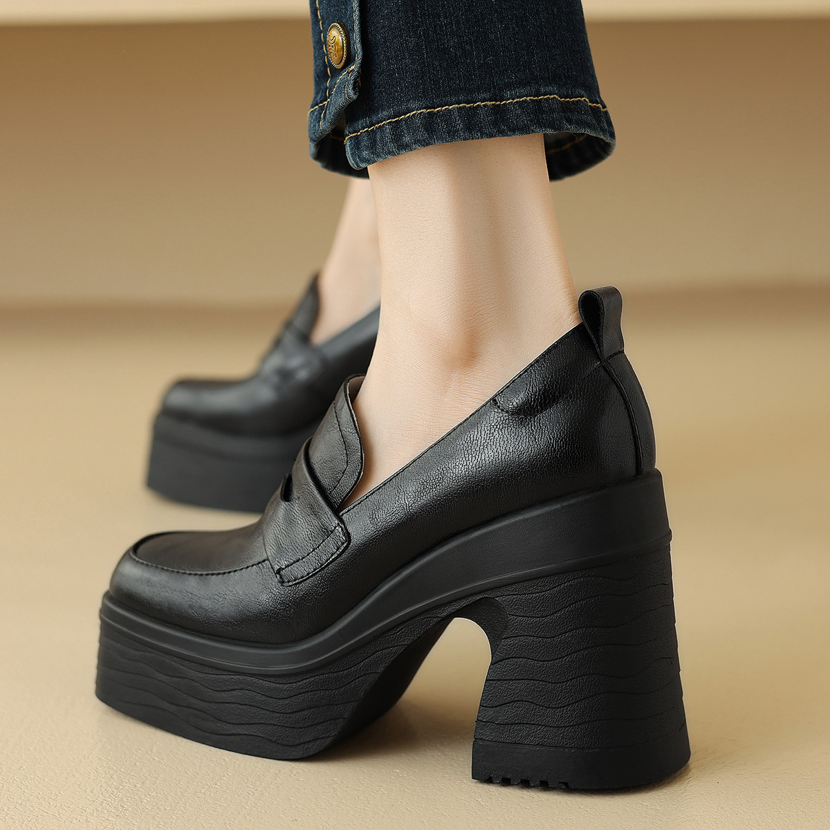 全真皮单鞋粗高跟方头鞋小个子厚底女鞋JK学院风四季鞋深口休闲鞋,淘宝优惠券,粉丝福利购,淘宝优惠卷