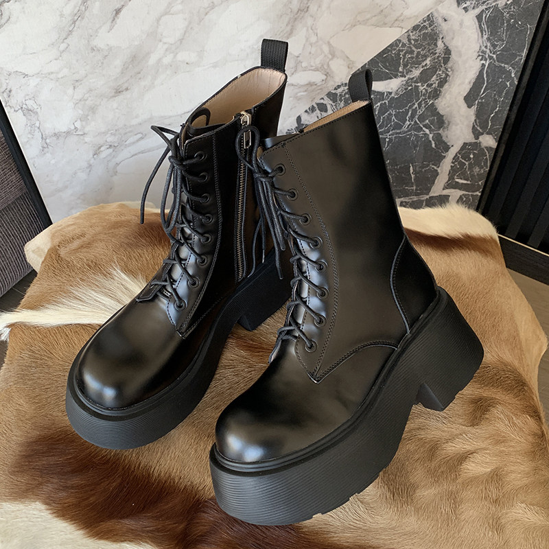 增高鞋新款女鞋粗跟厚底靴子真皮短靴系带马丁靴松糕跟机车靴短筒,淘宝优惠券,粉丝福利购,淘宝优惠卷