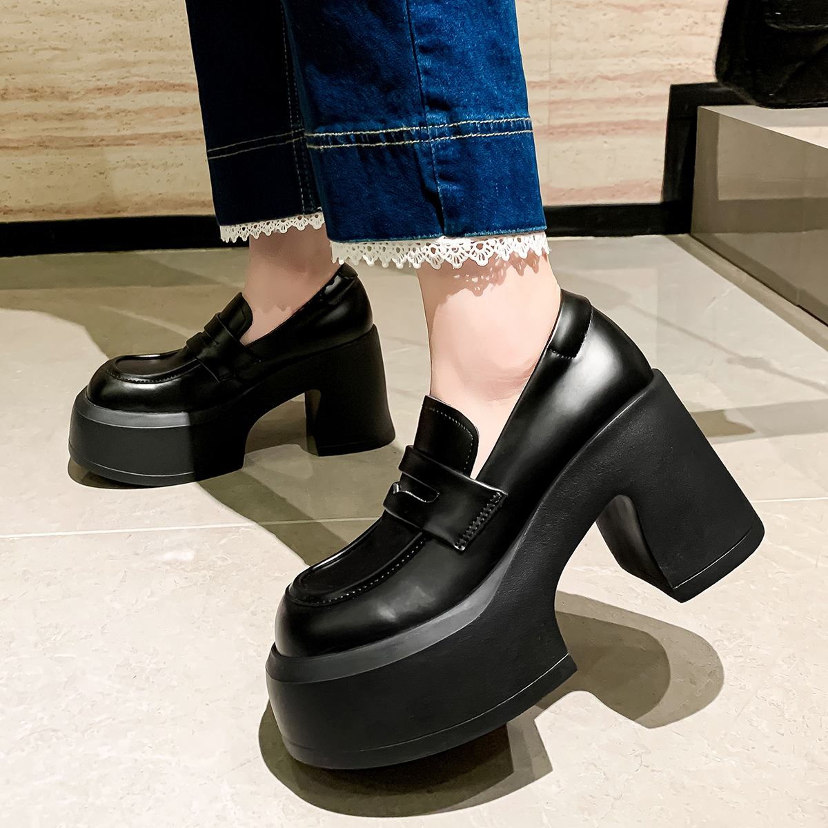 增高女鞋粗高跟休闲鞋真皮低帮单鞋松糕跟乐福鞋学院风四季鞋厚底 - 图2