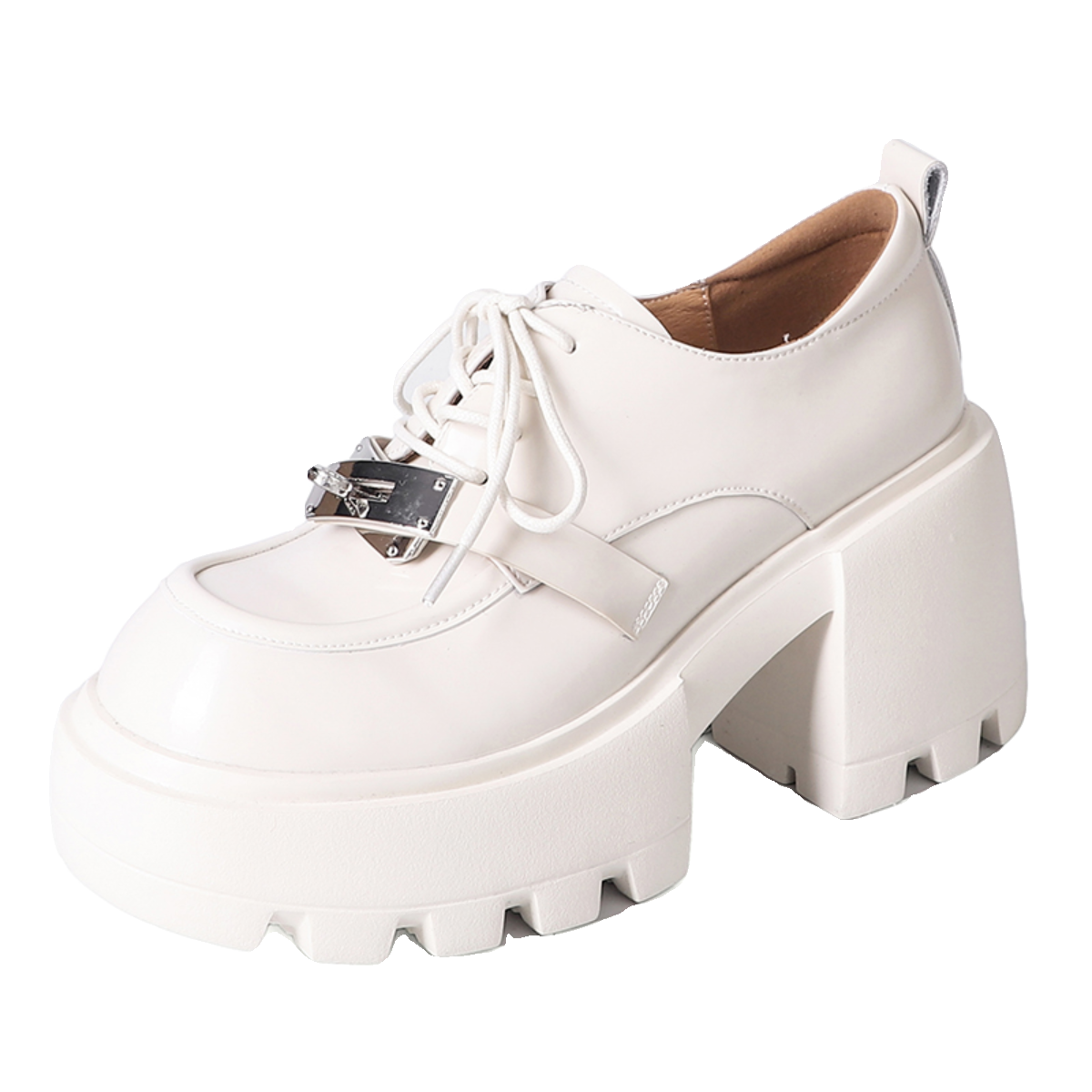 2024春新款松糕女鞋粗跟厚底休闲鞋真皮单鞋学院风金属乐福鞋绑带,淘宝优惠券,粉丝福利购,淘宝优惠卷