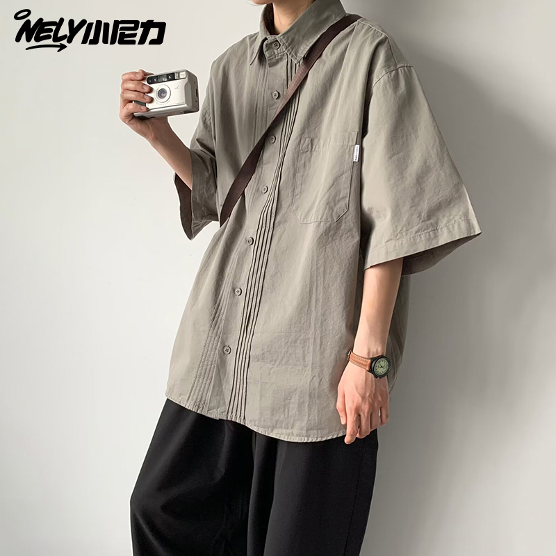 NELY小尼力日系复古工装衬衫男士短袖夏季休闲衬衣宽松半袖ins潮 - 图1