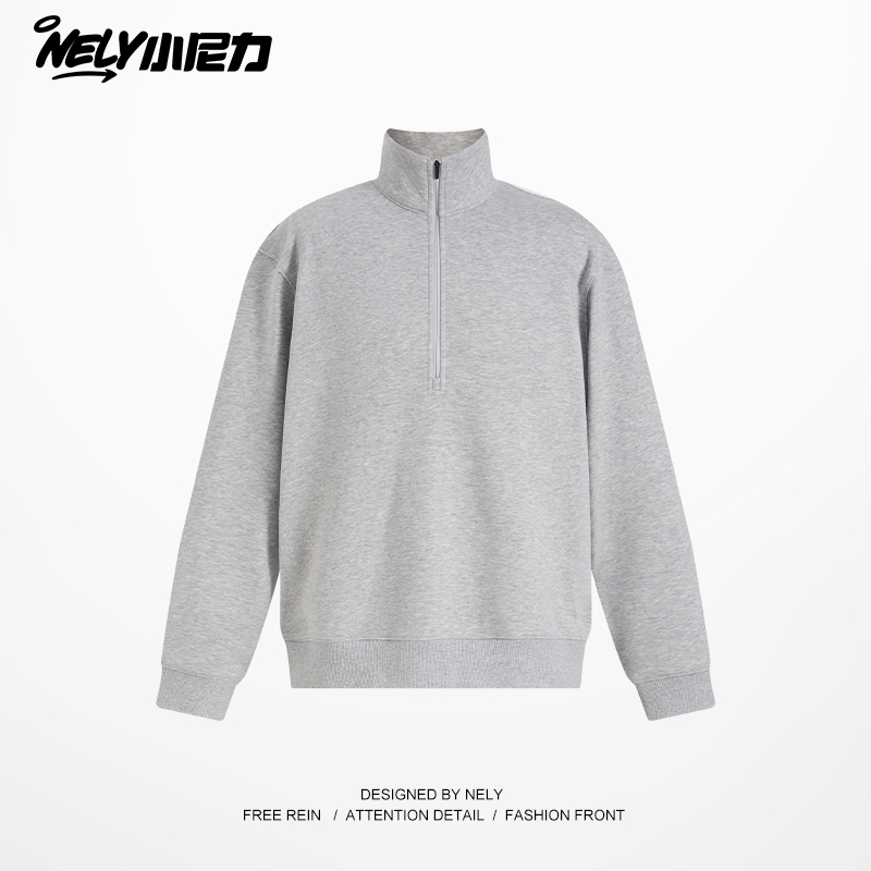 NELY小尼力重磅410g斯密绒半拉链卫衣男女潮牌宽松百搭套头上衣服 - 图1