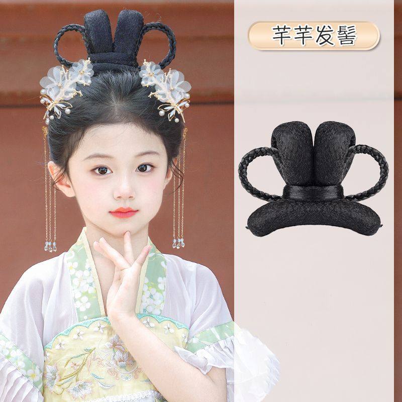 儿童汉服头饰古风假发芊芊发髻盘发发包女童舞台演出可爱发髻造型,淘宝优惠券,粉丝福利购,淘宝优惠卷
