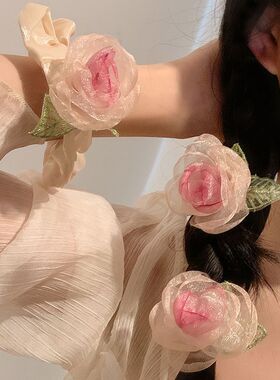 甜美森系山茶花朵发圈女干枯玫瑰