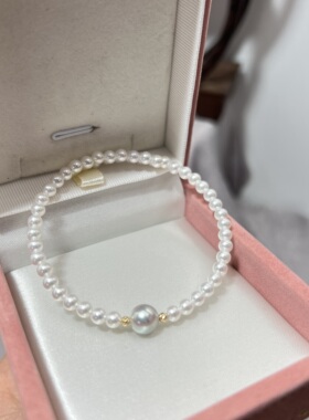 天然小米珍珠手镯手环淡水珍珠4mm海水真多麻7-7.5正圆强光18k金