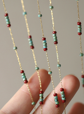 GGW 仿松石纹琉璃酒红撞色颈链红蓝仿松钛钢项链复古古董风锁骨链