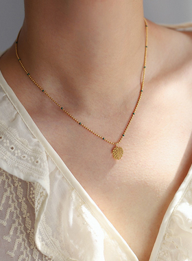 GGW 热带植物树叶龟背竹钛钢项链蕨类元素吊坠彩珠链子锁骨链颈饰