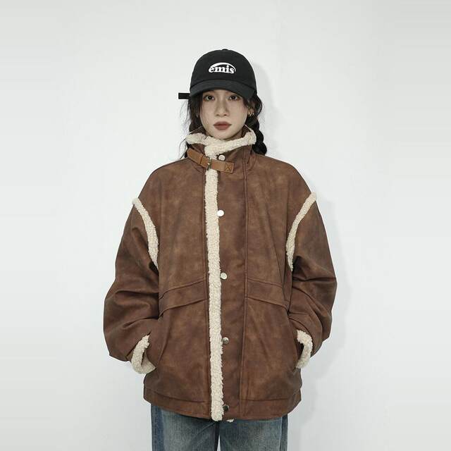 Guluoh American retro cotton coat loose lamb fur collar cotton jacket PU leather stand collar splicing winter thickened cotton coat