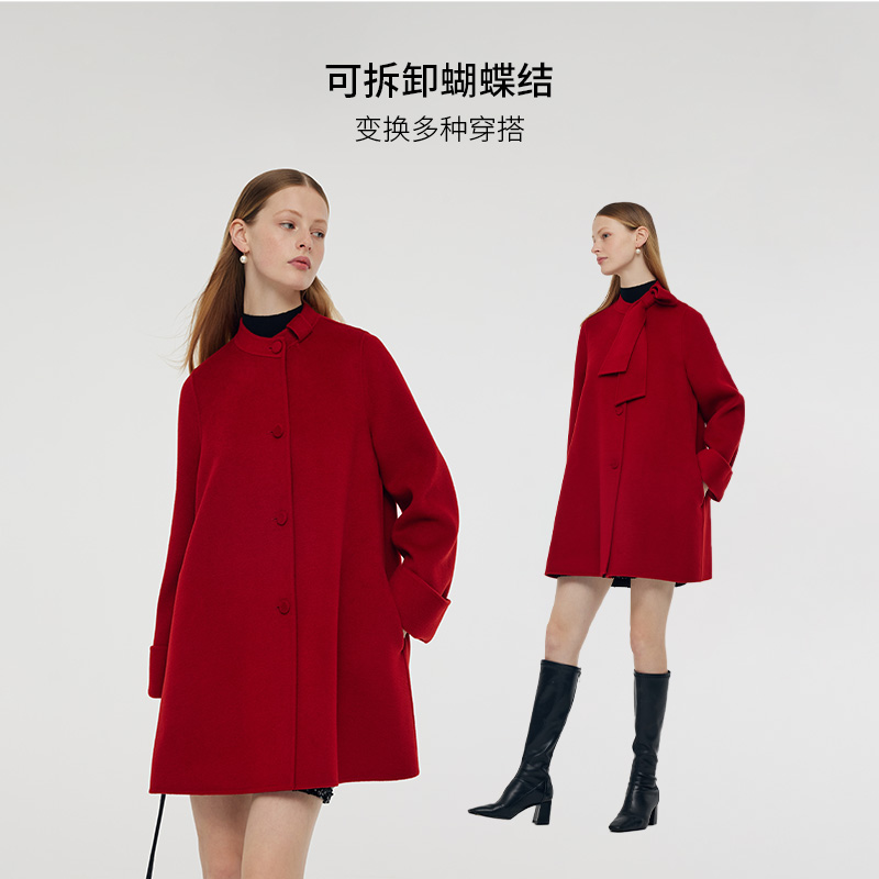 歌莉娅红色小个子羊毛大衣女秋冬新款高级感独特毛呢外套新年战袍