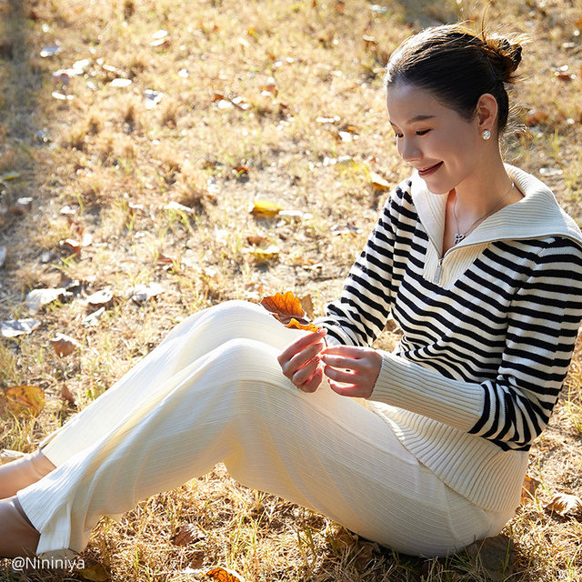 Gloria Wool Top Women's Lapel Striped Sweater