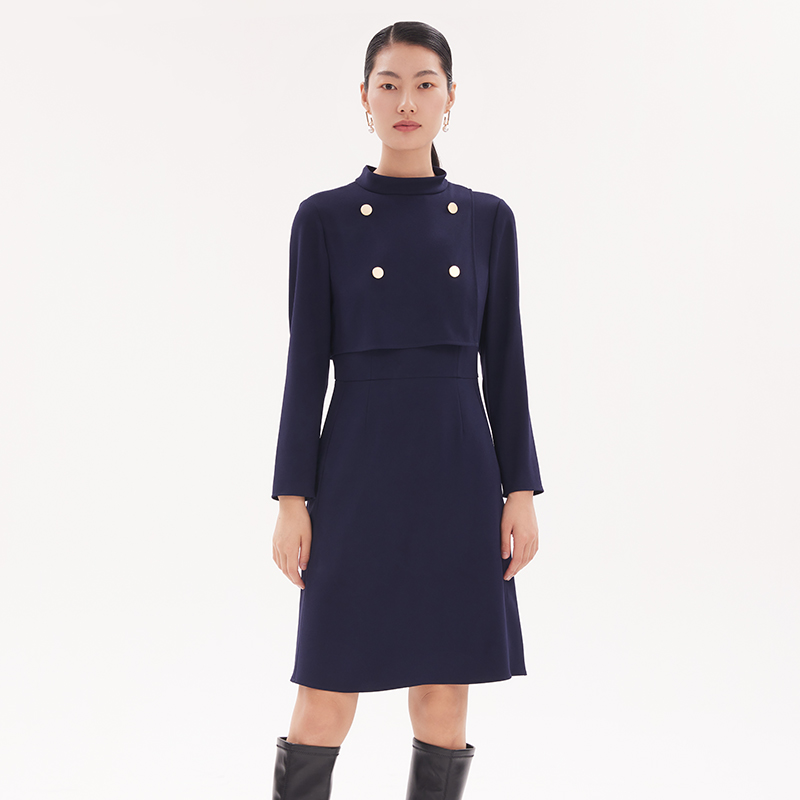 直降3折|歌莉娅秋季三醋酸立领显瘦长袖连衣裙气质通勤裙子 - 图1