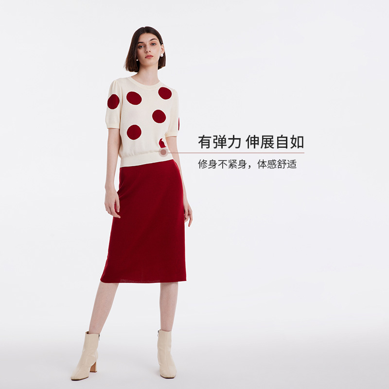 歌莉娅秋季新款高级感天丝毛织短袖波点套装红色半裙女1B7RAA520 - 图3