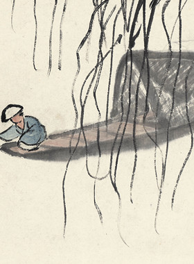 近代国画大师齐白石老人 独钓图 纸本山水画水墨画竖幅挂画装饰画
