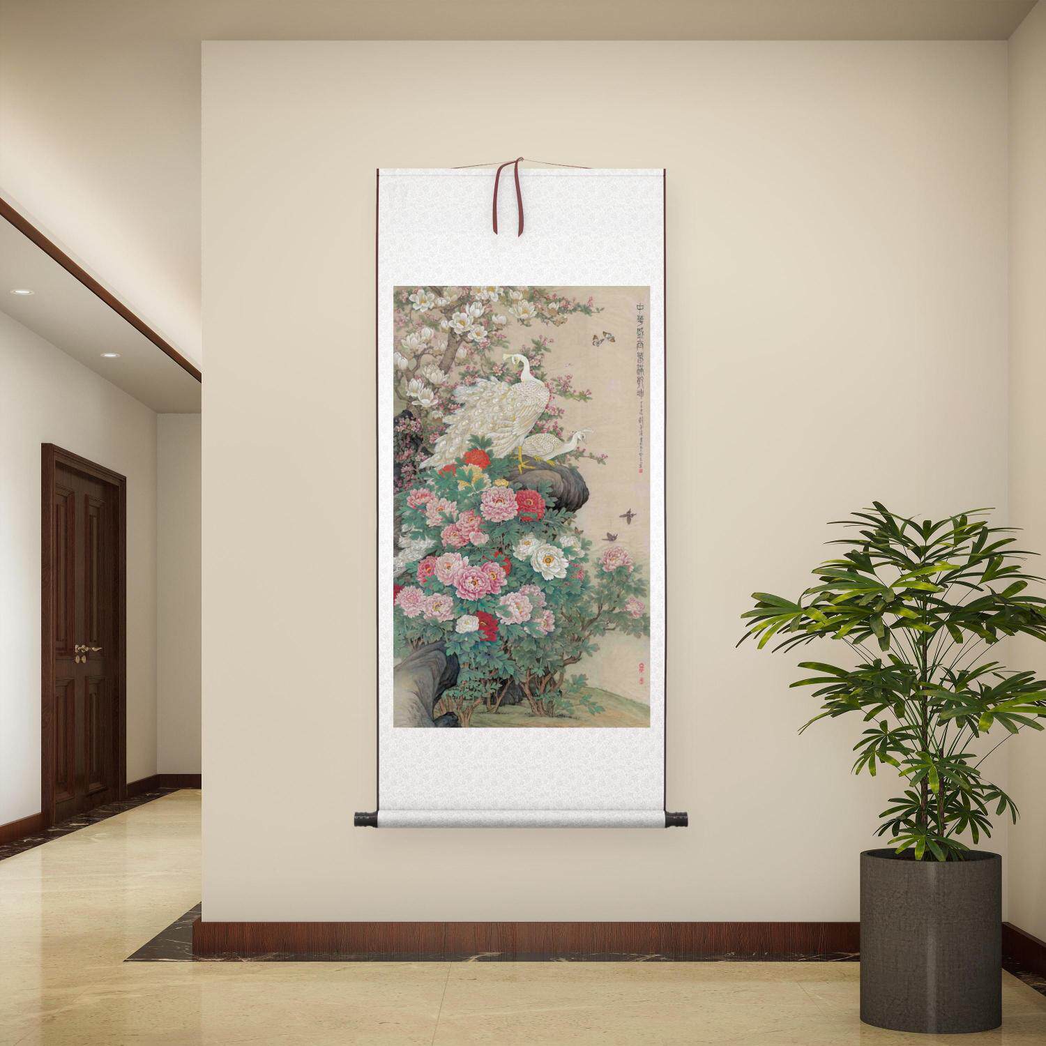 近现代 刘菊清 牡丹图国画工笔画孔雀玉兰图吉祥富贵高清微喷复制