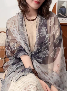 典雅复古风！唯美乔其纱真丝丝巾女夏季多功能桑蚕丝薄款长巾披肩