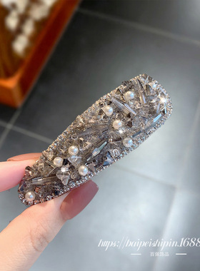 正品深灰色水晶珍珠bb夹时尚百搭气质头饰感侧边重工刘海夹发卡女