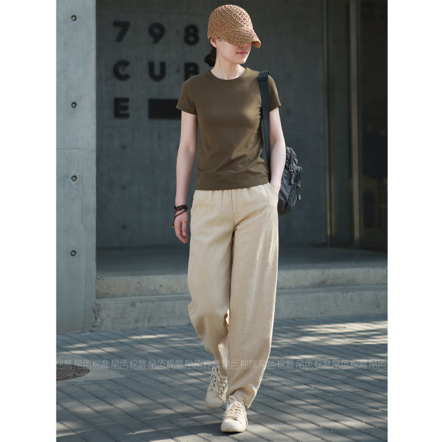 ຜ້າຝ້າຍລະດູຮ້ອນແລະ linen slim scimitar trousers ບາດເຈັບແລະສໍາລັບແມ່ຍິງ