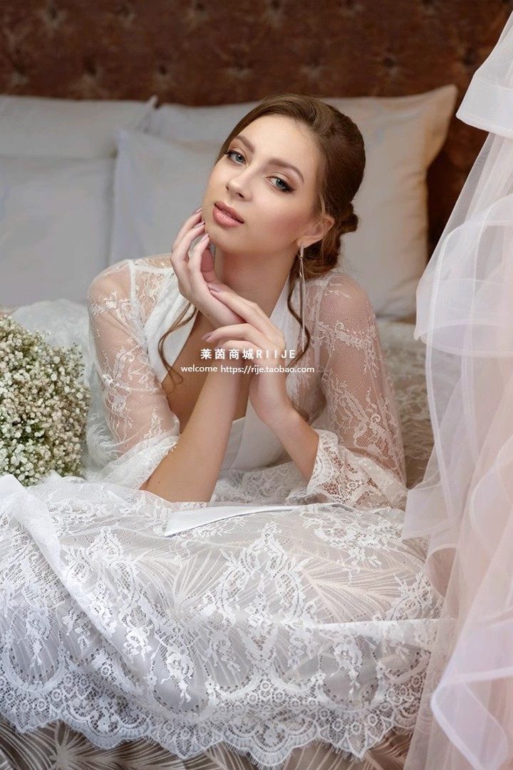 2023原创晨袍新娘婚礼高级感长款睡衣结婚白色睡袍喇叭袖仙女长裙,淘宝优惠券,粉丝福利购,淘宝优惠卷