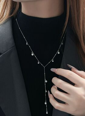 s925纯银项链珍珠铃兰花流苏圆球毛衣链百搭锁骨链