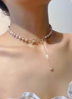 巴洛克淡水珍珠项链女OT扣抽拉可调节设计感锁骨链节日礼