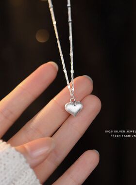 s925纯银拉丝爱心项链吊坠女轻奢小众简约高级心形百搭锁骨链