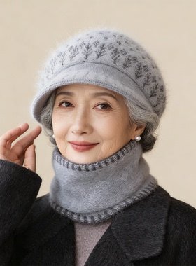 秋冬新款妈妈盆帽子女防寒保暖老人奶奶老太太针织加绒毛线帽围脖