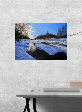 50手绘油画风景树阳光雪景冰河