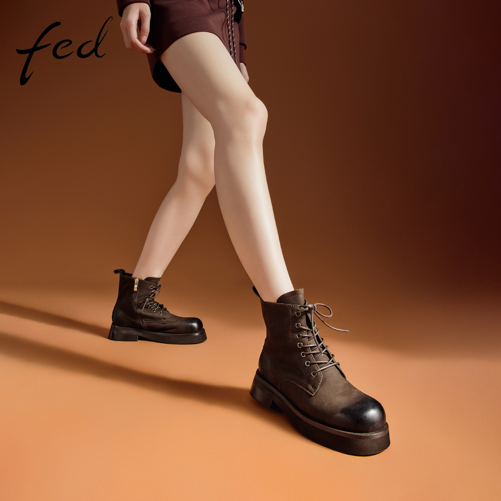 fed磨砂头层牛皮秋冬女鞋高级感真皮复古粗跟靴子女短靴马丁靴女 - 图0
