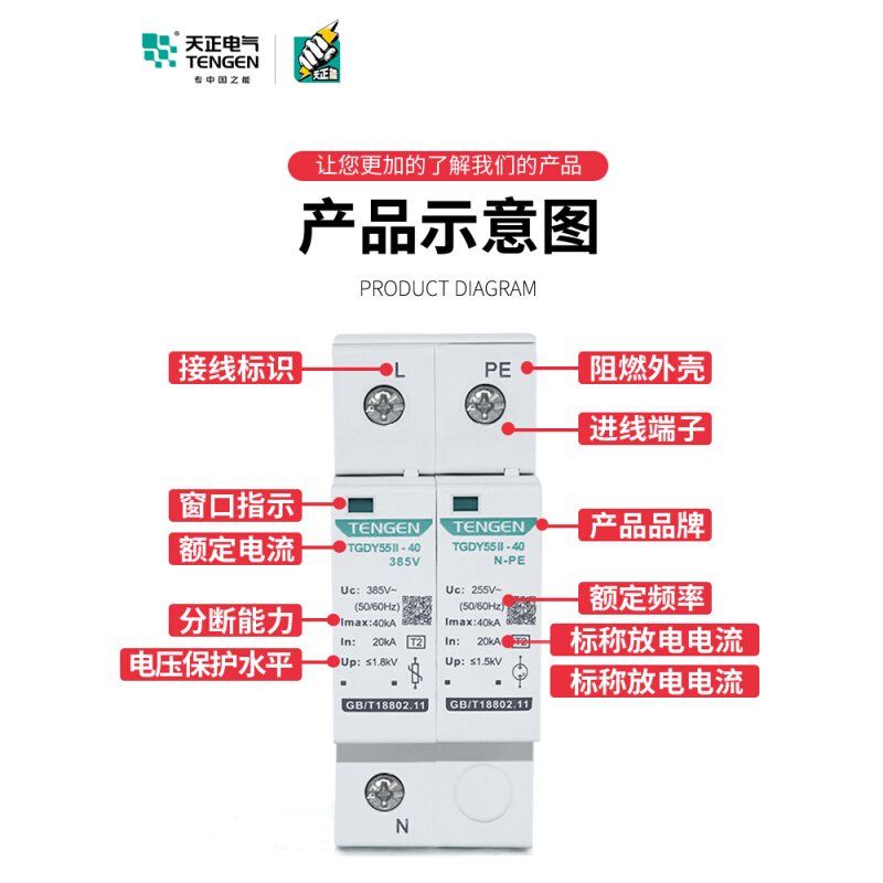 天正TGDY55II浪涌电涌保护器2P4P防雷避雷器20KA40KA二级380V家用 - 图0