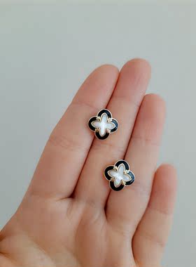 几何图案耳钉贝珠925银针女四叶草
