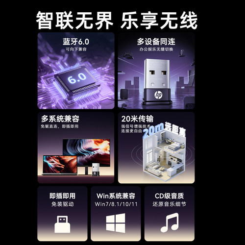 HP惠普蓝牙6.0适配器无线接收台式电脑音响鼠标耳机usb连接免驱动 - 图3