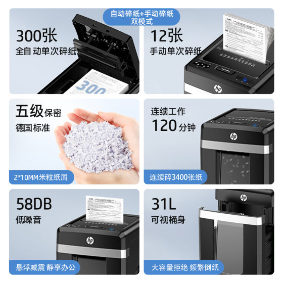 HP 300-sheet 5-level confidential 120-minute paper shredder