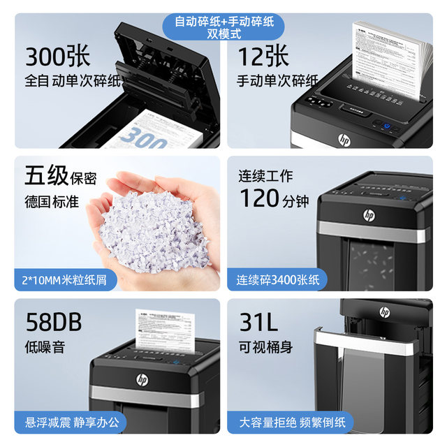 HP 300-sheet 5 ລະດັບຄວາມລັບ shredder 120 ນາທີ