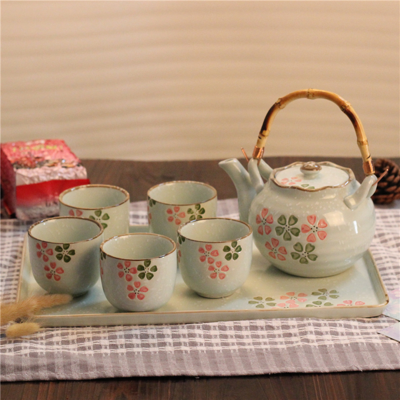 熱賣 和風茶壺整套茶具日式茶盤 櫻花茶壺 帶過濾網 提樑壺 套裝