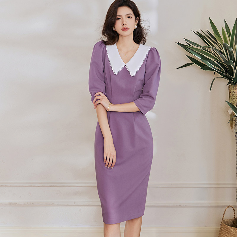 罗衣法式泡泡袖系带连衣裙女春简单大方娃娃领修身纯色裙子08234,淘宝优惠券,粉丝福利购,淘宝优惠卷