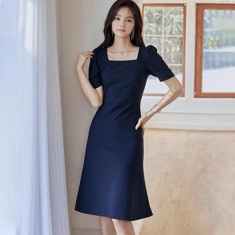 罗衣知性深蓝色泡泡袖女2022连衣裙 罗衣连衣裙