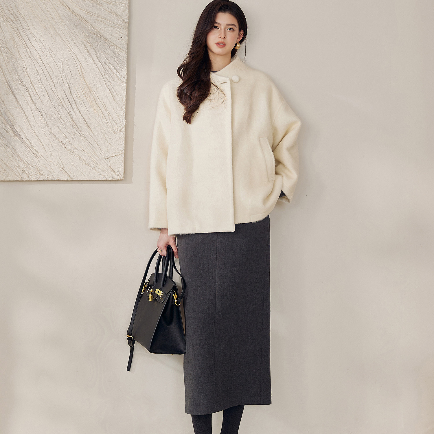 罗衣减龄慵懒绵羊毛宽松毛呢外套女冬季韩系极简米白色大衣13057,淘宝优惠券,粉丝福利购,淘宝优惠卷